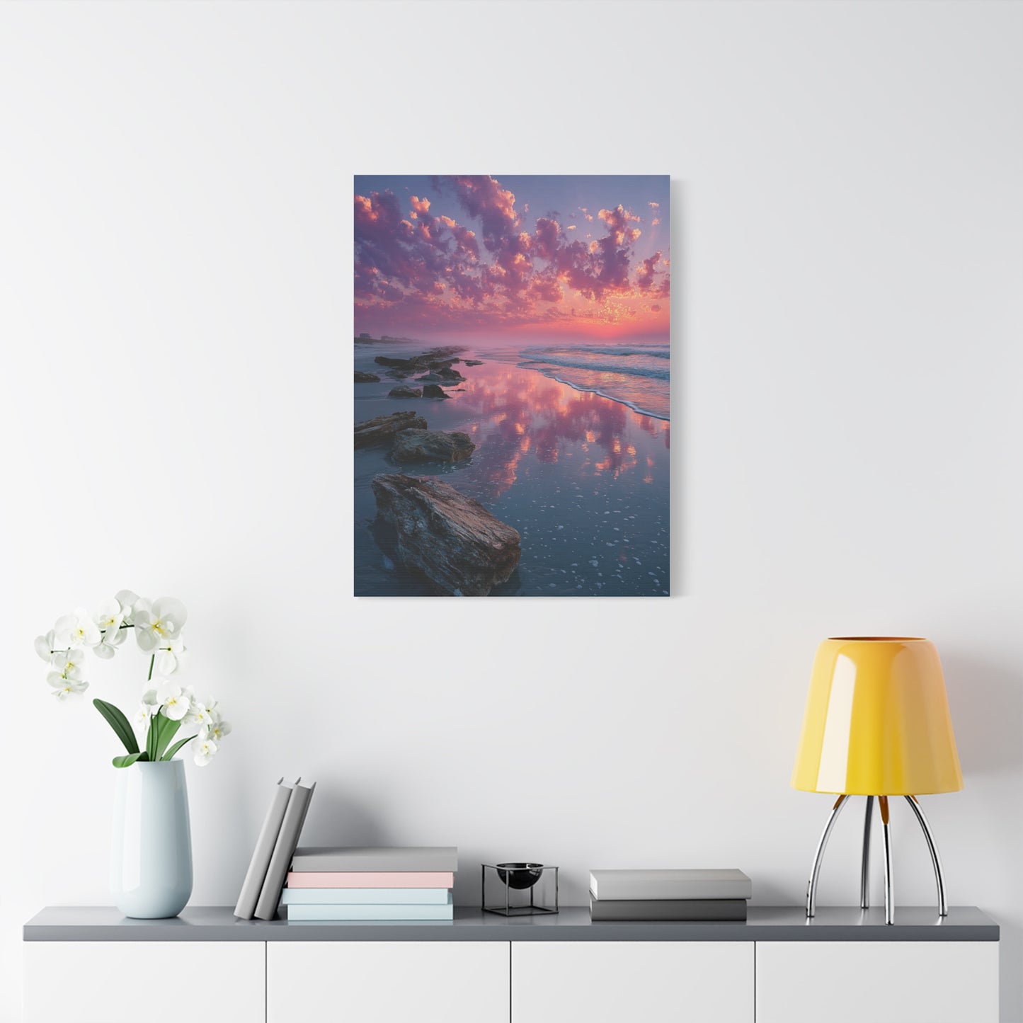 Sunrise Driftwood Shoreline Reflection Wall Art & Canvas Print