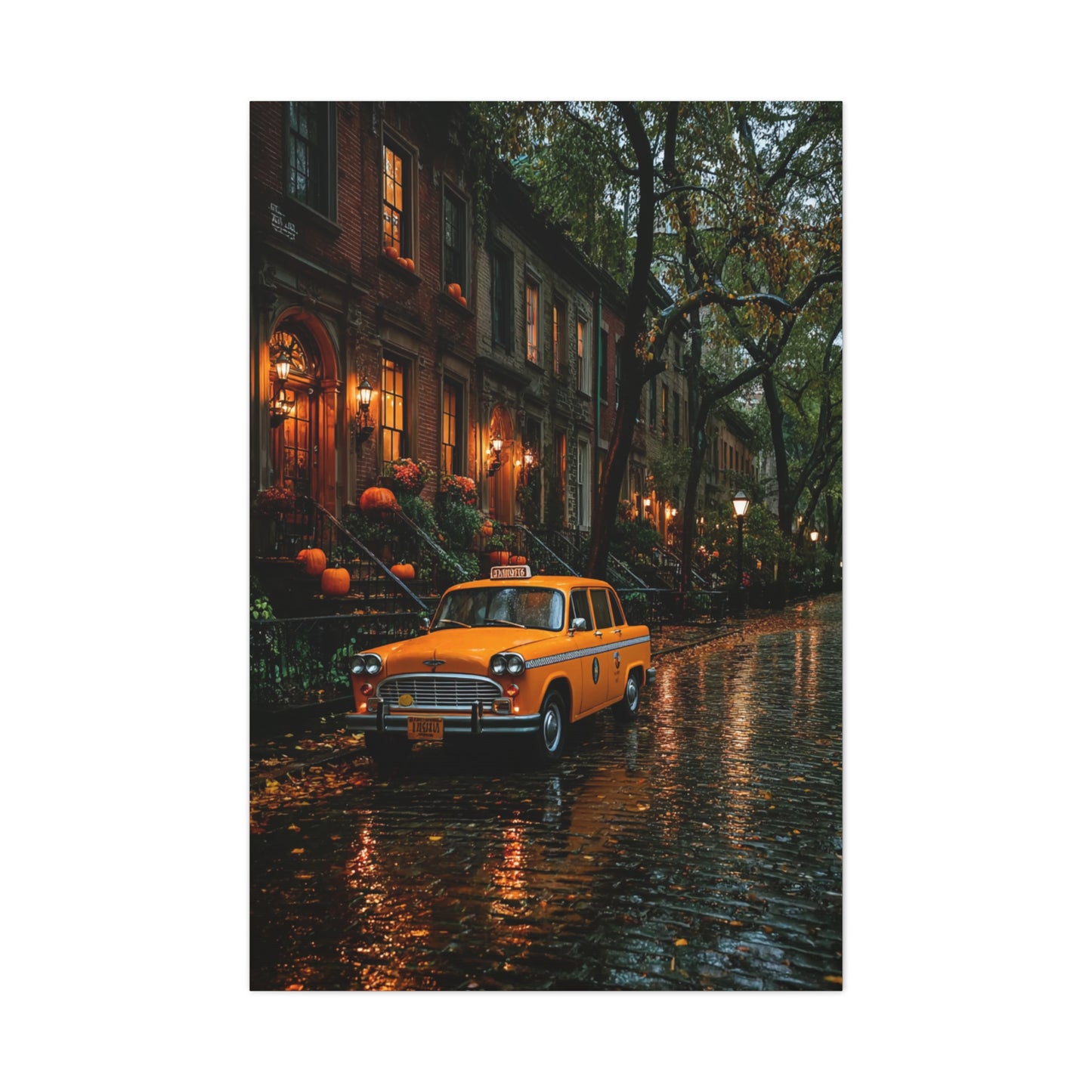 Rainy Autumn Brownstone Street Wall Art & Canvas Print