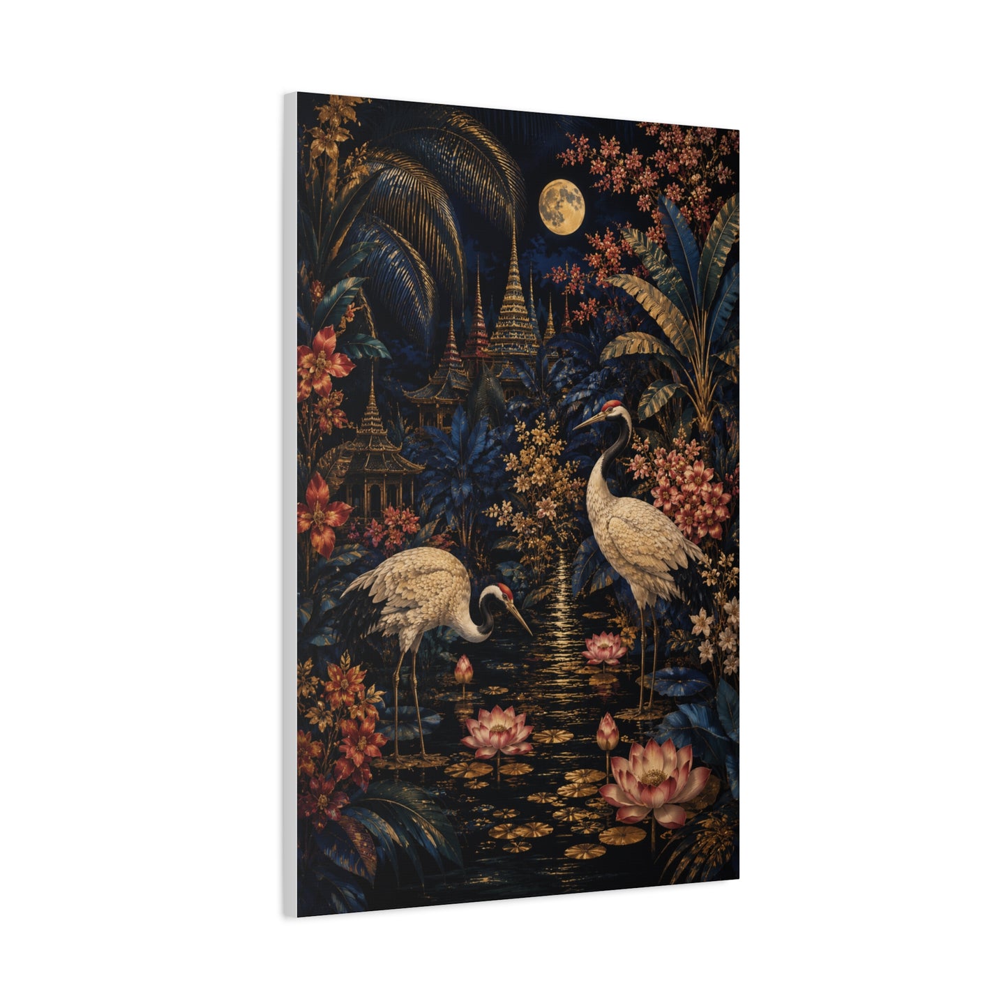 Moonlit Tropical Chinoiserie Crane Garden Tropical Wall Art & Canvas Print