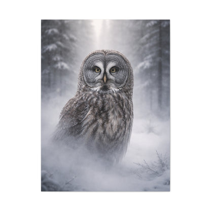 Great Grey Owl Winter Mist Portrait Wall Art & Canvas Print