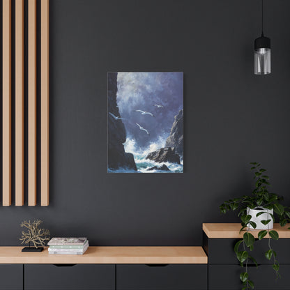 Seagulls Flying Above Crashing Coastal Waves Wall Art & Canvas Print