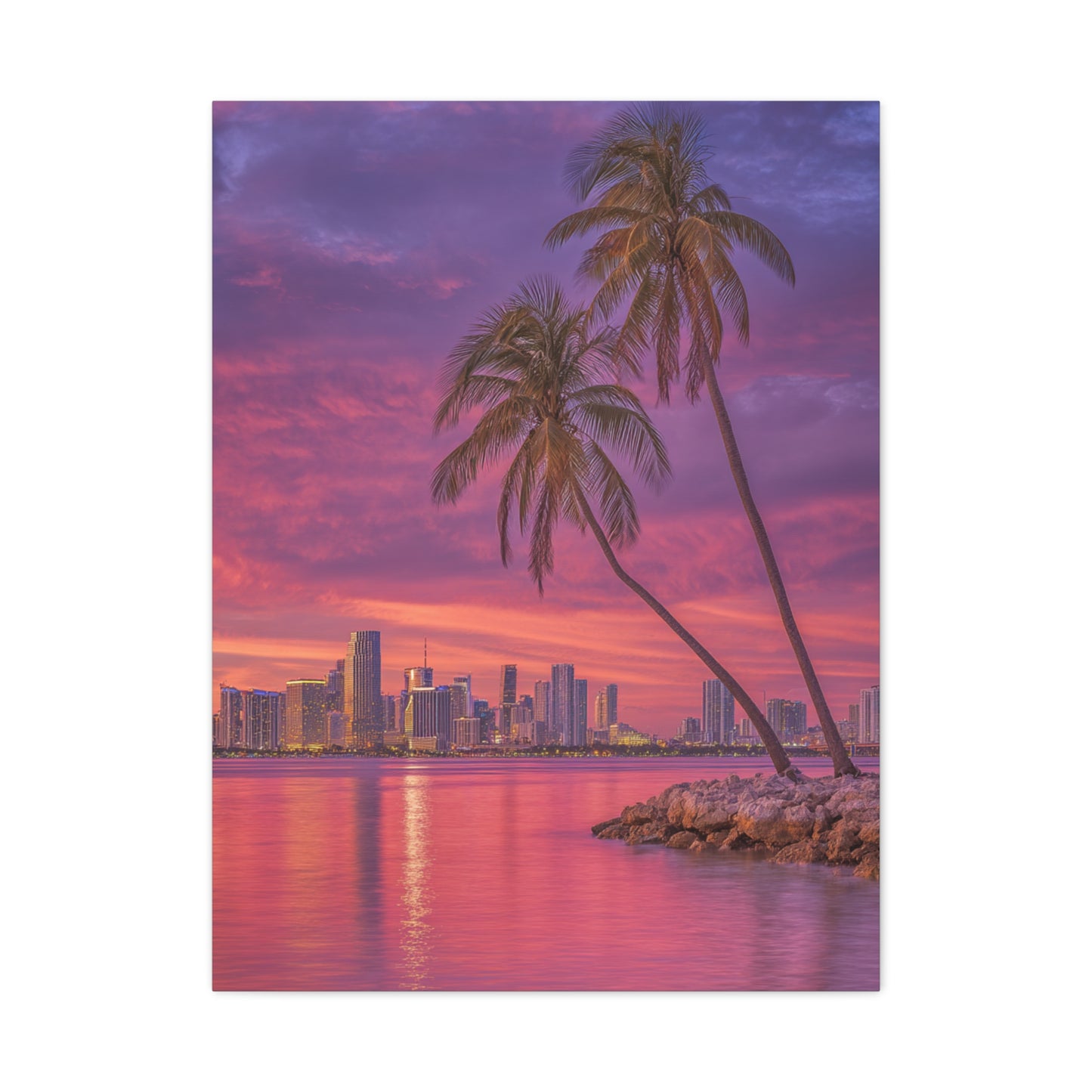 Miami Skyline Tropical Sunset With Palm Trees Wall Art & Canvas Print