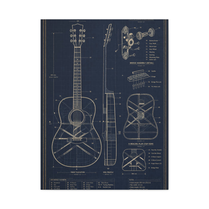 Acoustic Guitar Technical Blueprint Wall Art & Canvas Print