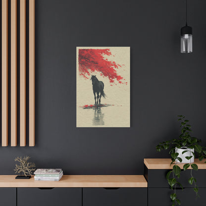 Minimal Horse Silhouette Under Red Maple Wall Art & Canvas Print