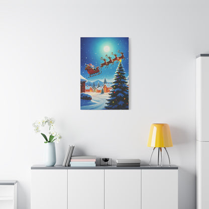 Santa Sleigh Flying Over Snowy Christmas Village Wall Art & Canvas Print