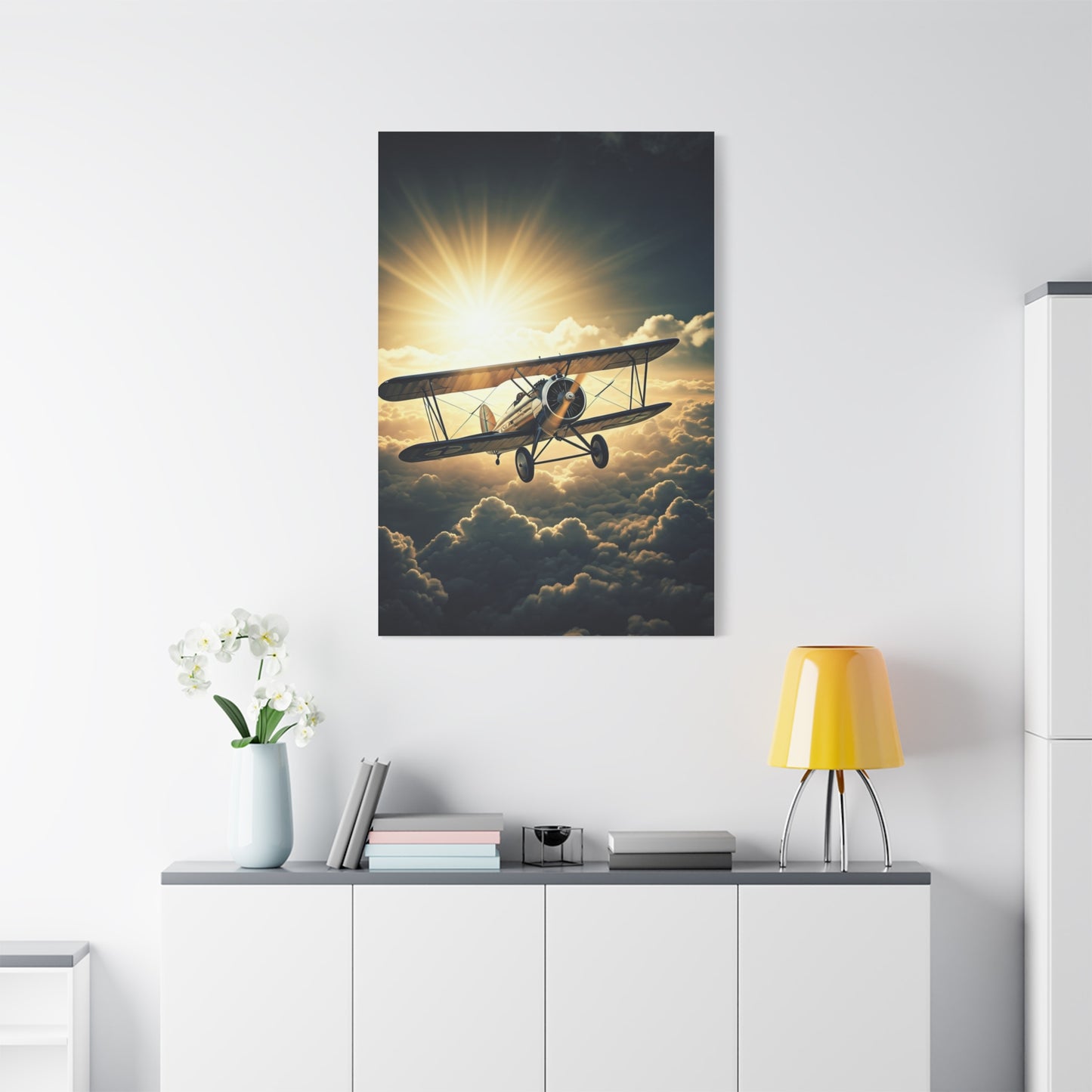 Sunlit Biplane Above the Clouds Wall Art & Canvas Prints