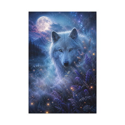 Moonlit White Wolf Portrait Wilderness Scene Wall Art & Canvas Print
