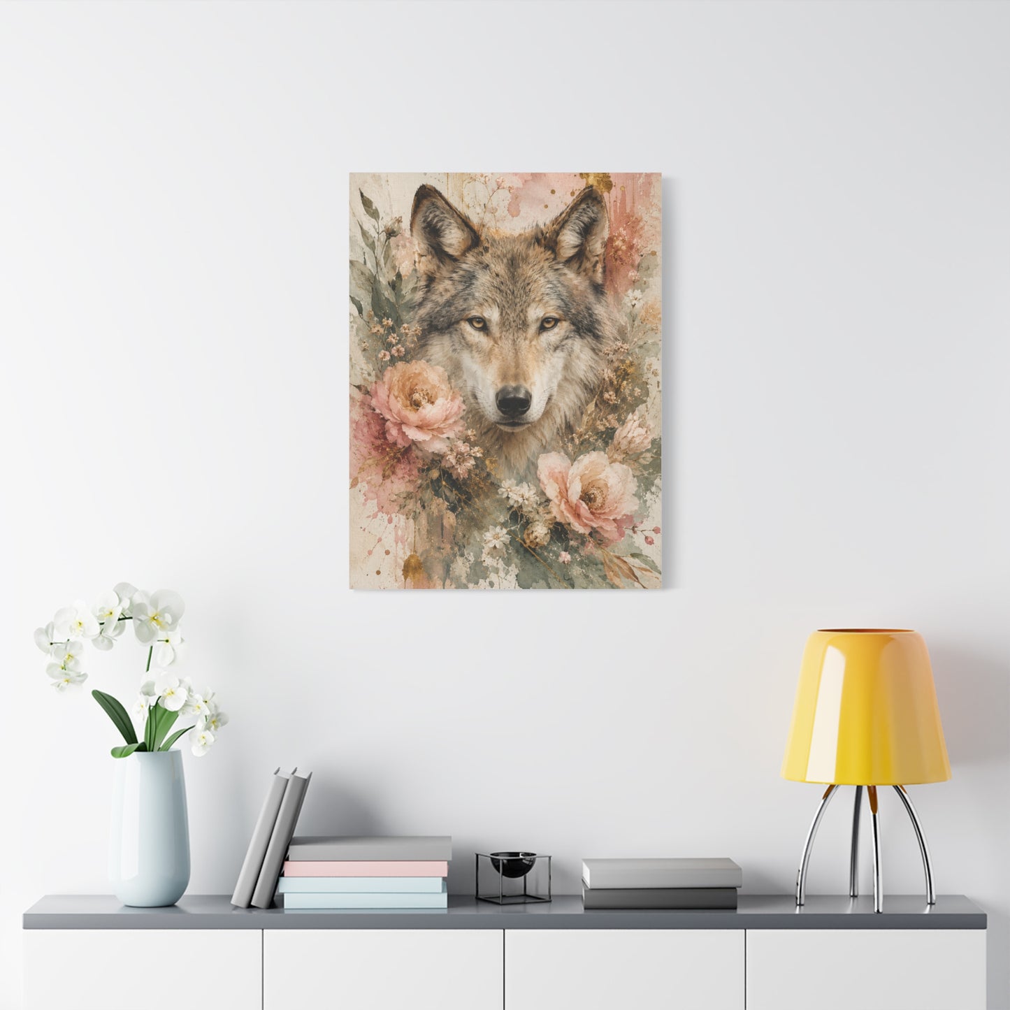 Boho Floral Wolf Portrait Blush Composition Wall Art & Canvas Print