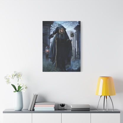 Witch with Raven at the Moonlit Cemetery Gate Wall Art & Canvas Print