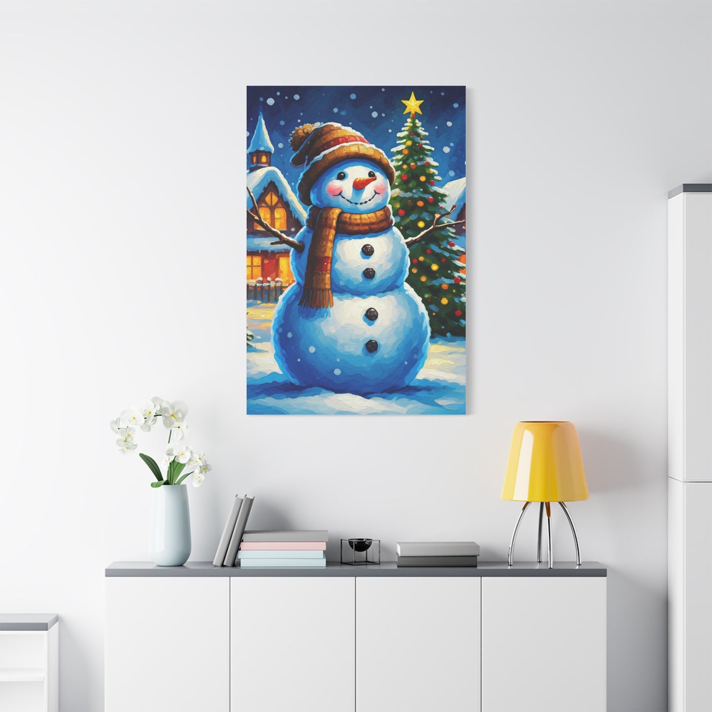 Artistic Snowman in Winter Village Scene Wall Art & Canvas Print