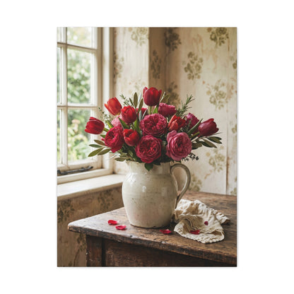 English Cottage Red Tulip Still Life Wall Art & Canvas Print