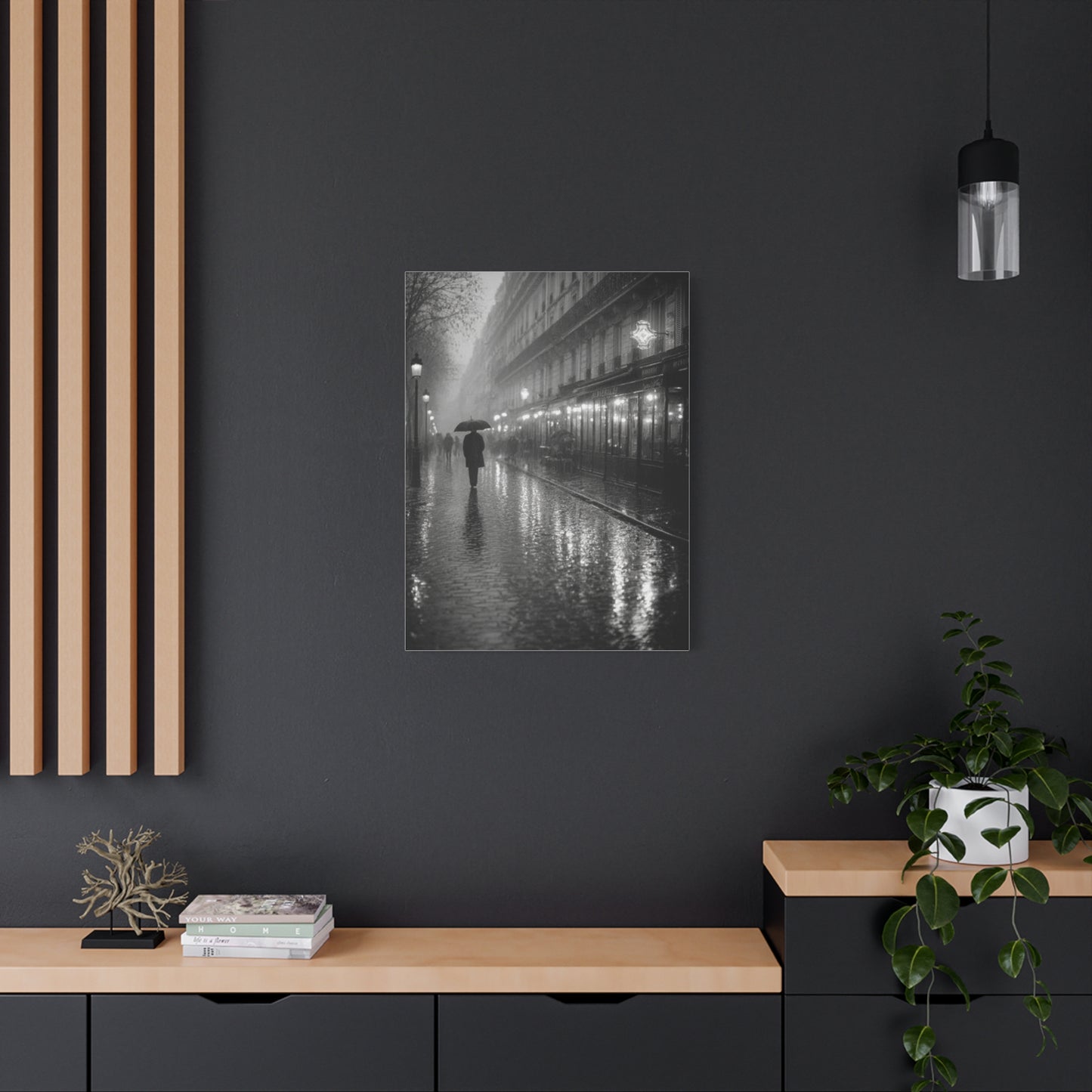Rainy Paris Street Monochrome Wall Art & Canvas Print