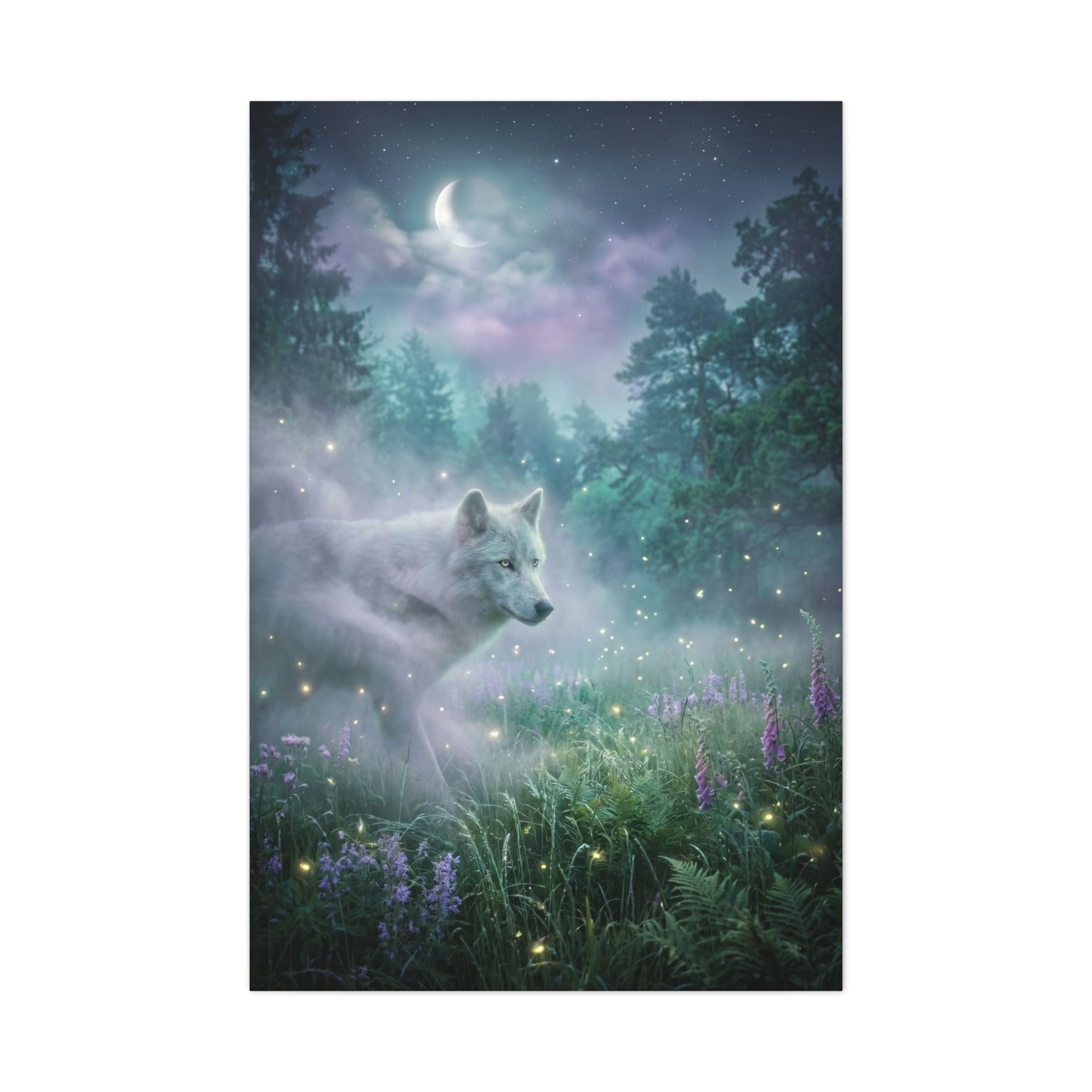Ethereal White Wolf Moonlit Meadow Scene Wall Art & Canvas Print