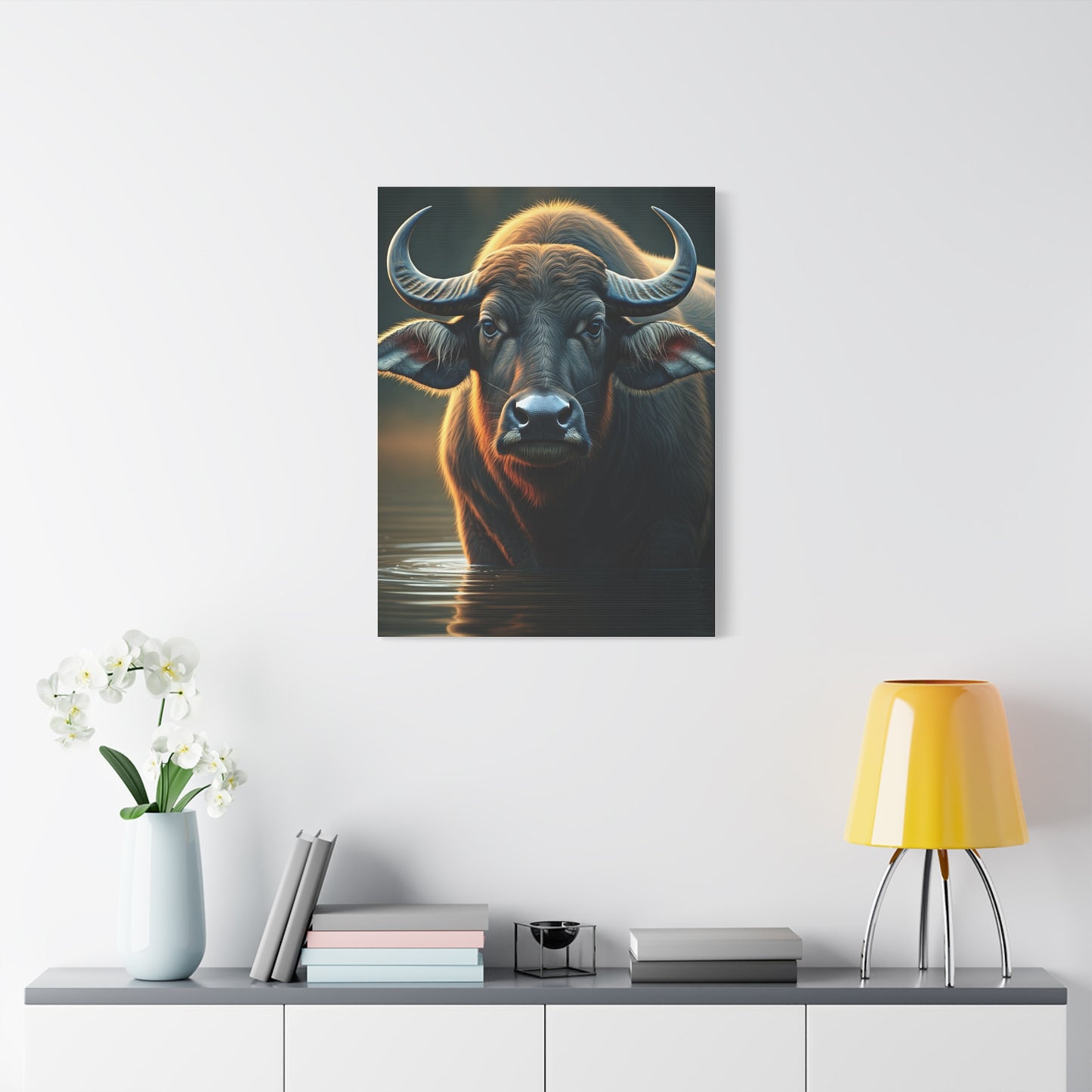 Golden Rim-Lit Buffalo Emerging from Water Wall Art & Canvas Print