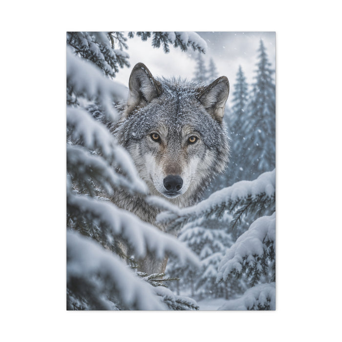 Snow-Covered Pine Wolf Close Portrait Wall Art & Canvas Print
