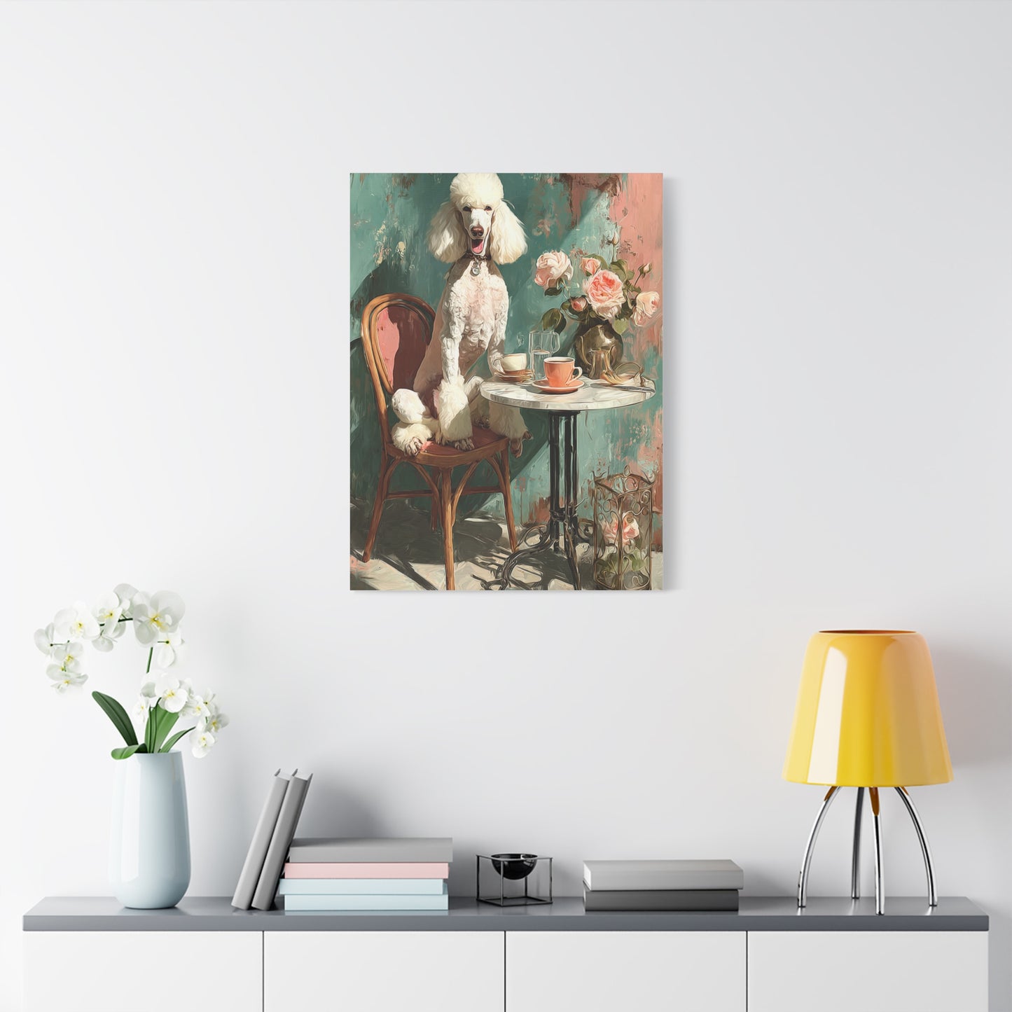 Paris Café Poodle with Roses Wall Art & Canvas Print
