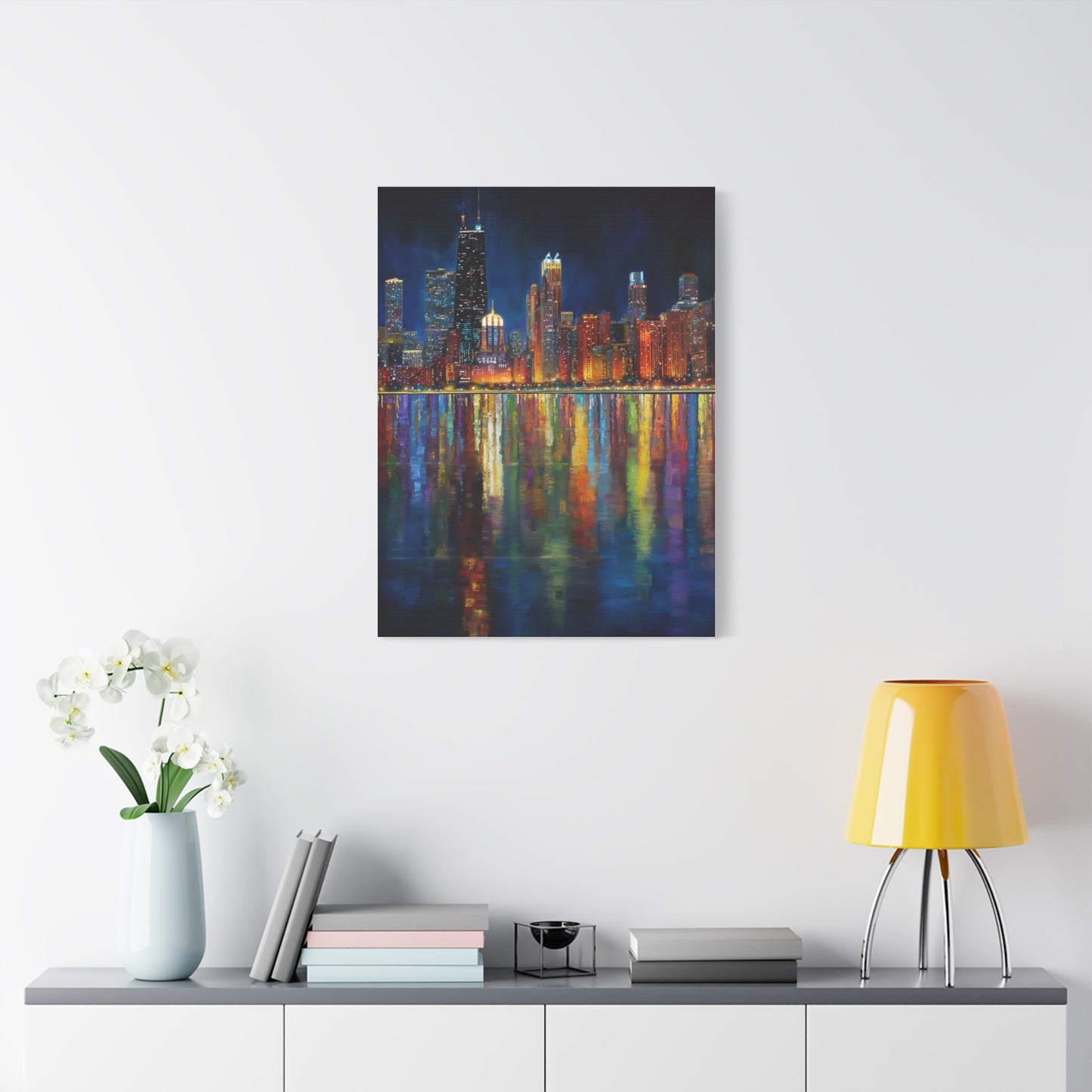 Chicago Skyline Night Reflections Wall Art & Canvas Print