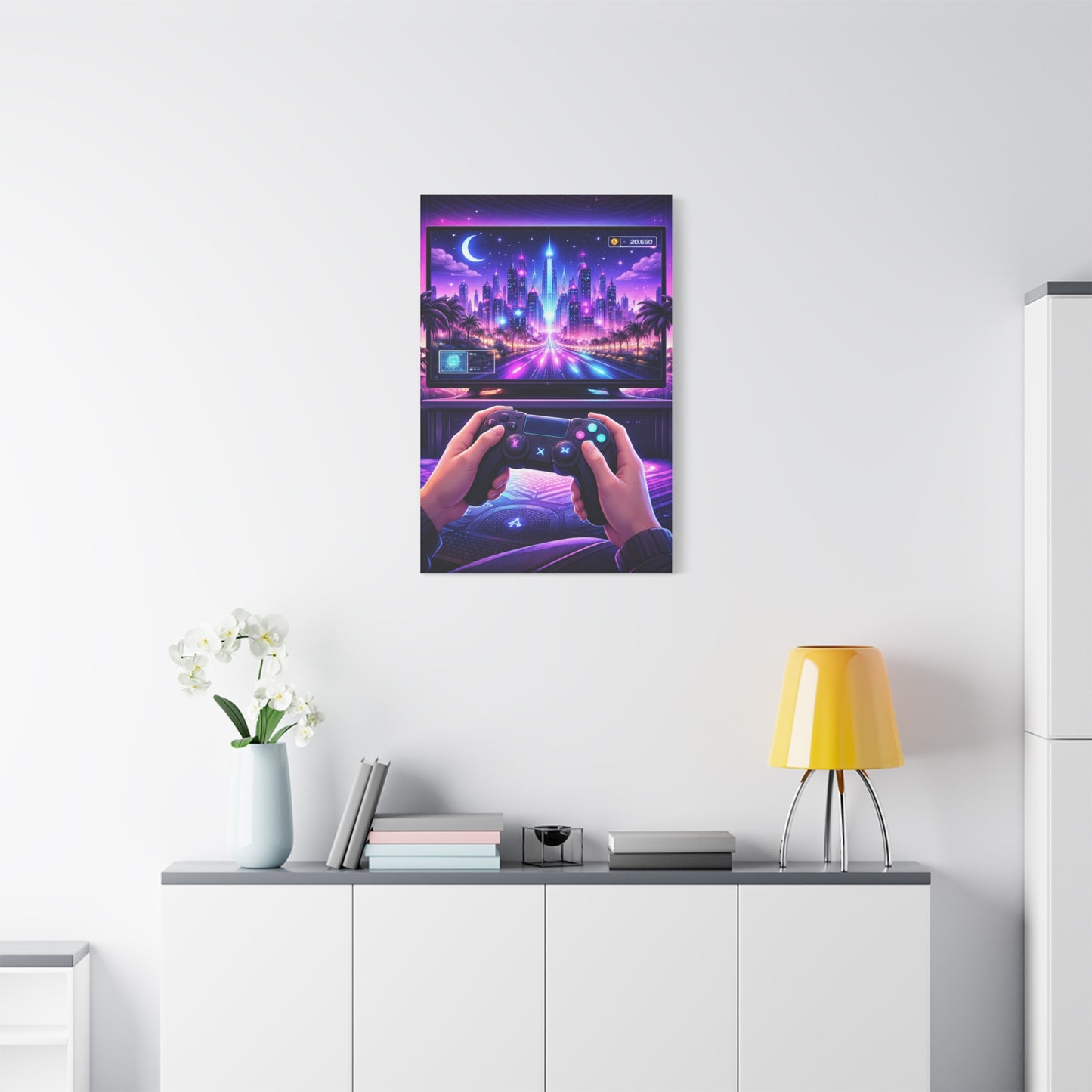 Neon Gamer Cityscape Wall Art & Canvas Print