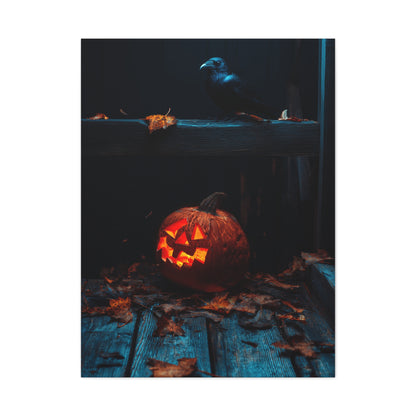 Jack-O’-Lantern and Crow on Moonlit Porch Wall Art & Canvas Print