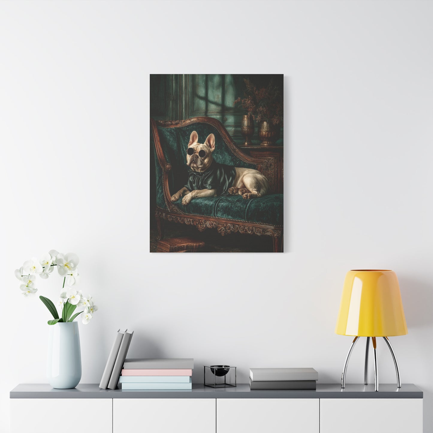 French Bulldog on Emerald Velvet Chaise Wall Art & Canvas Print