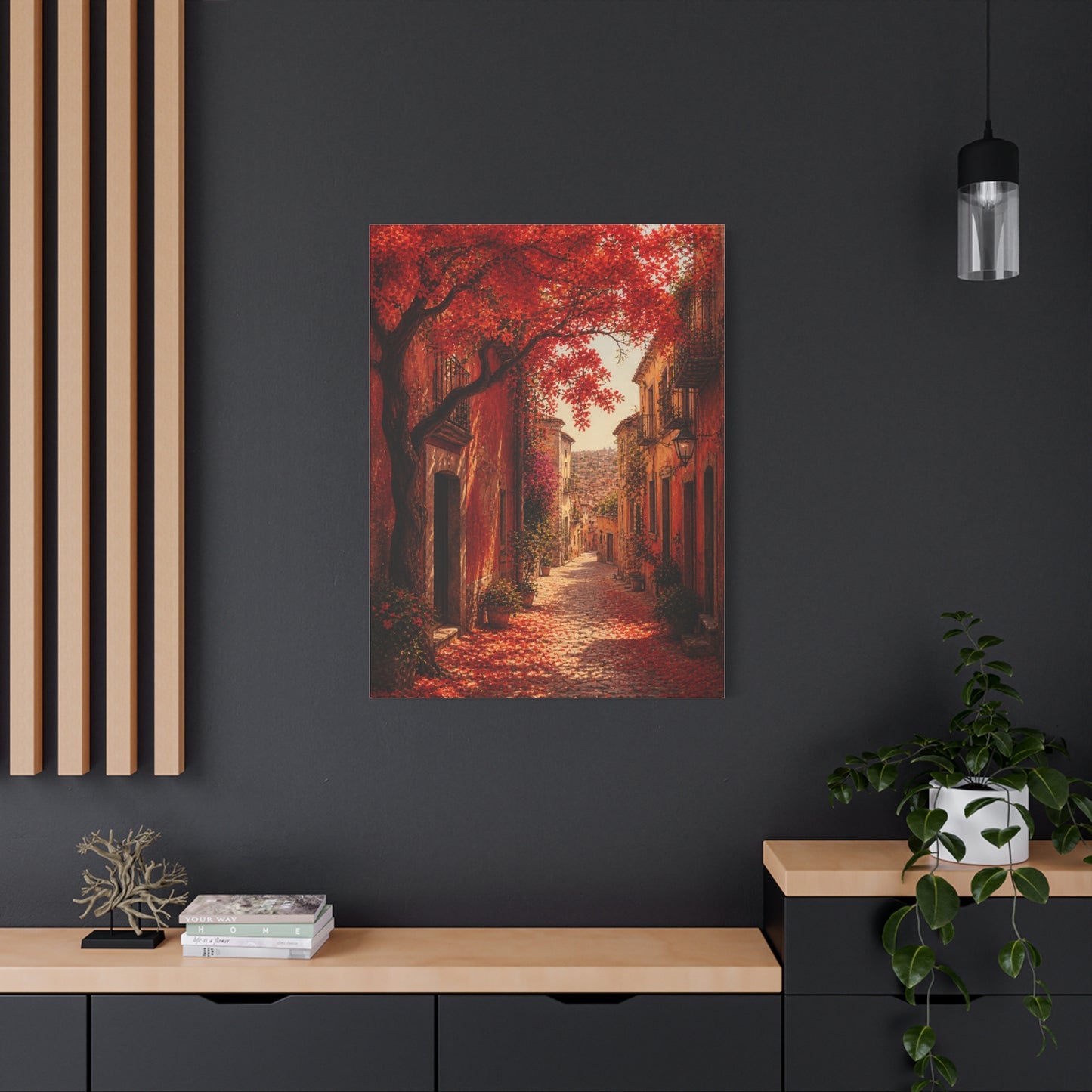 Autumn Red Blossom Street Scene Wall Art & Canvas Print