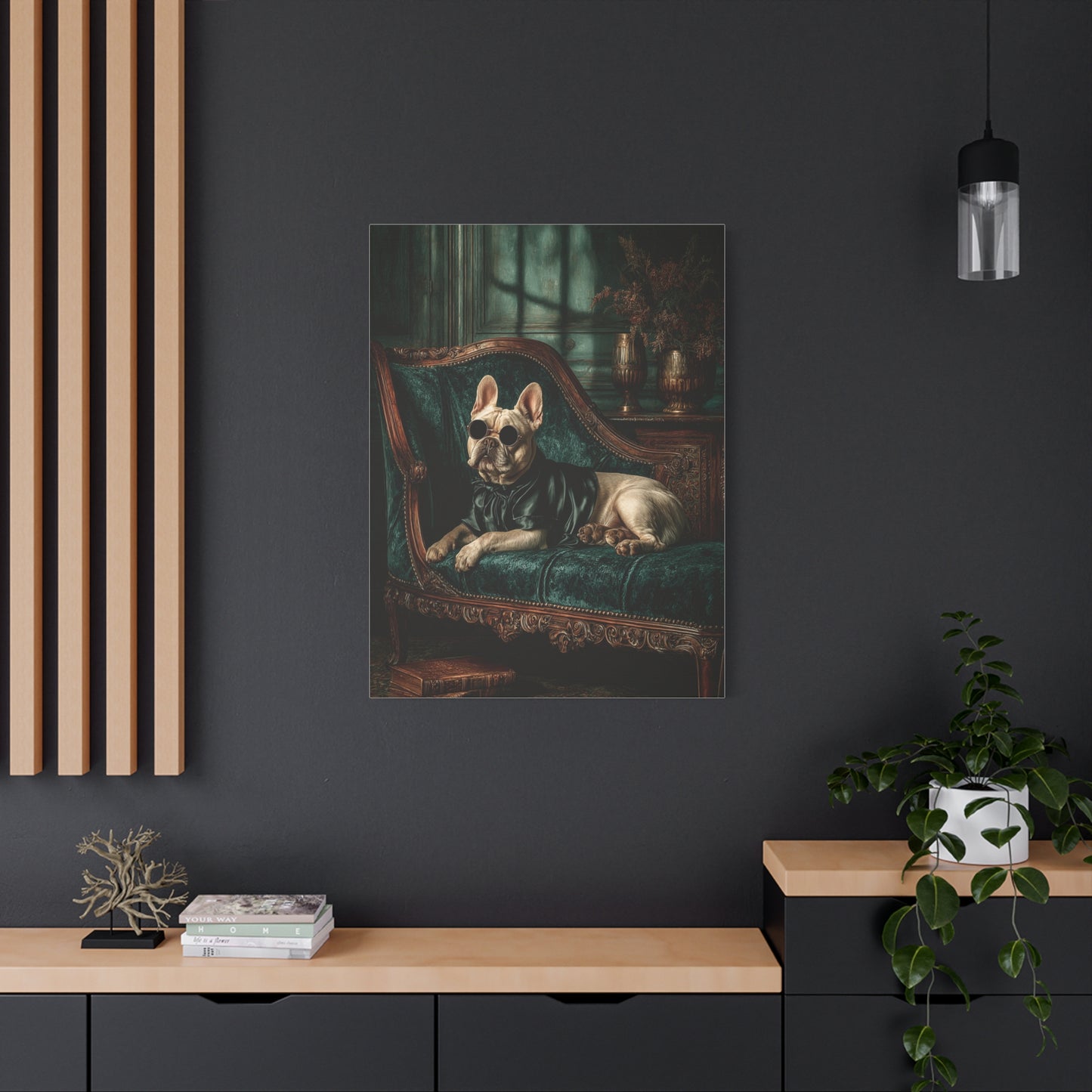 French Bulldog on Emerald Velvet Chaise Wall Art & Canvas Print