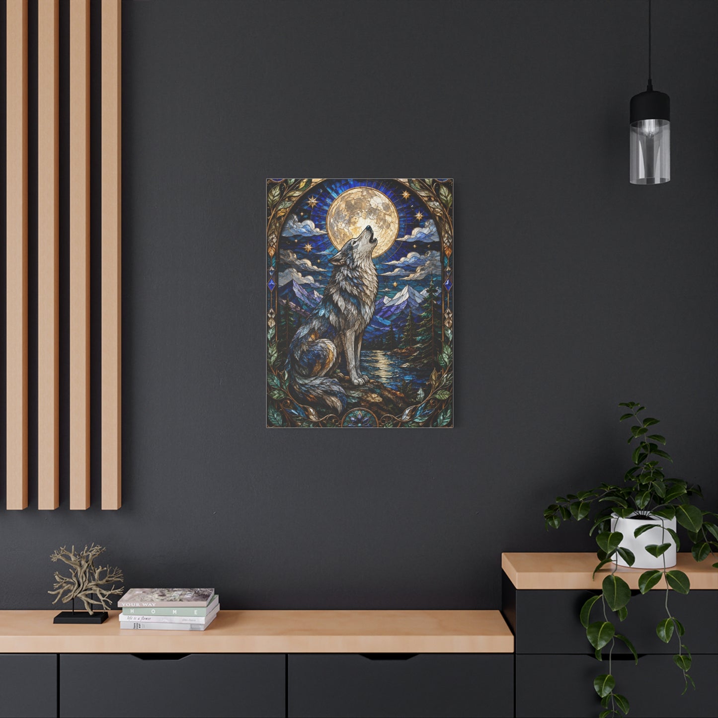 Stained Glass Moonlit Wolf Landscape Wall Art & Canvas Print