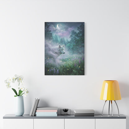 Ethereal White Wolf Moonlit Meadow Scene Wall Art & Canvas Print