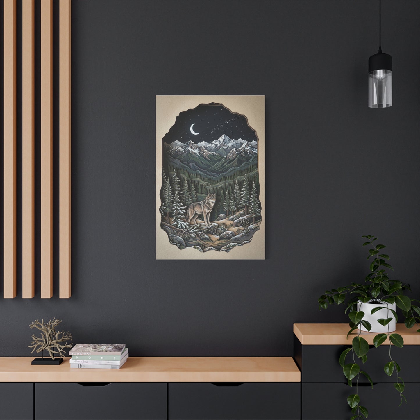 Night Forest Wolf Framed Relief Landscape Wall Art & Canvas Print