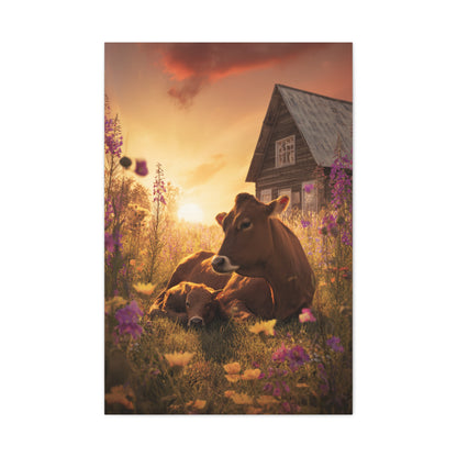 Sunset Farm Meadow Cow and Calf Wall Art & Canvas Print