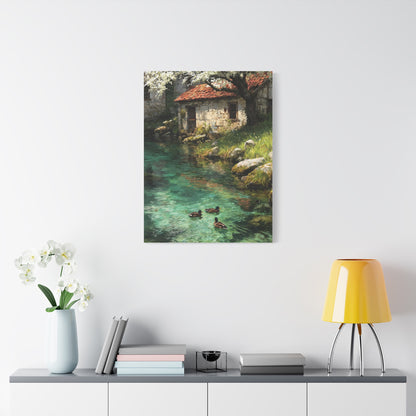 Spring Farmhouse Stream Scene Wall Art & Canvas Print