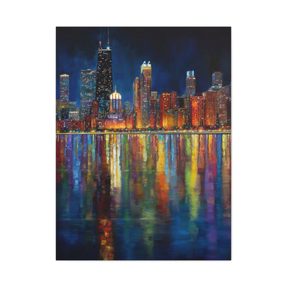 Chicago Skyline Night Reflections Wall Art & Canvas Print
