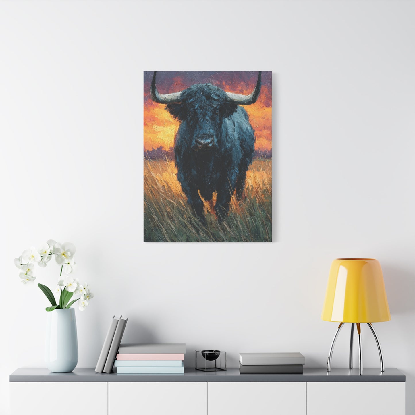 Majestic Bull at Sunset Oil Painting Wall Art & Canvas Print