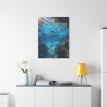 Dolphins Swimming Beneath Sunlit Ocean Waters Wall Art & Canvas Print