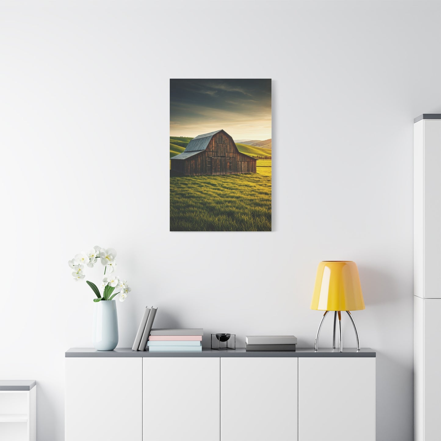 Sunlit Meadow Barn Landscape Wall Art & Canvas Prints