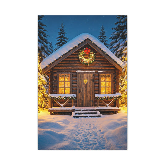 Cozy Snowy Christmas Cabin Among Pine Trees Wall Art & Canvas Print