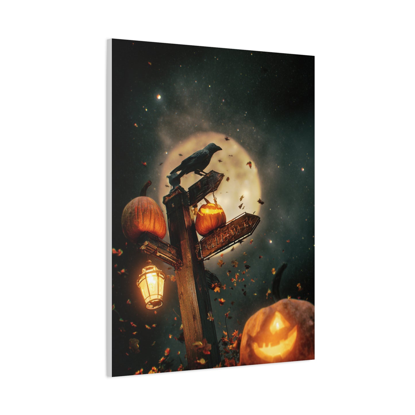 Crow on Pumpkin Signpost Under the Full Moon Wall Art & Canvas Print