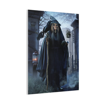 Witch with Raven at the Moonlit Cemetery Gate Wall Art & Canvas Print