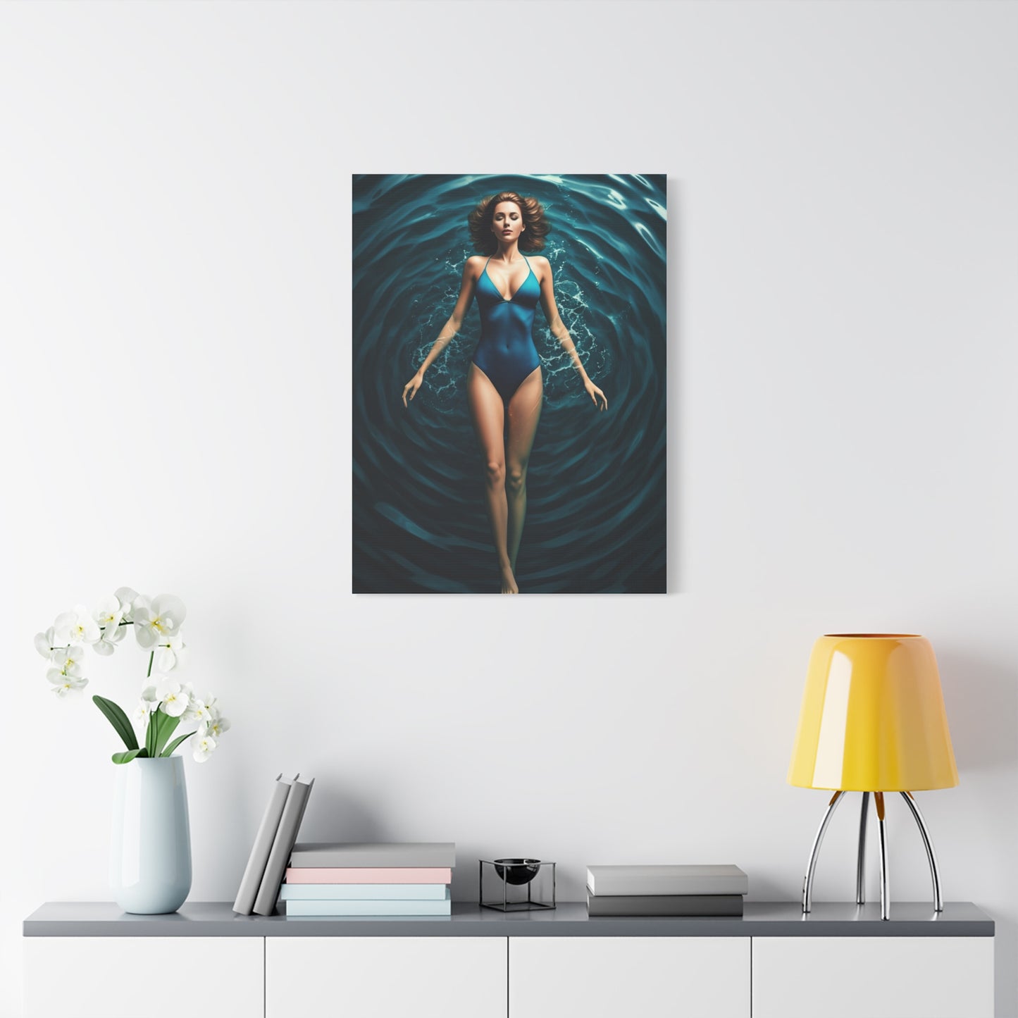 Woman Floating in Circular Blue Water Wall Art & Canvas Prints