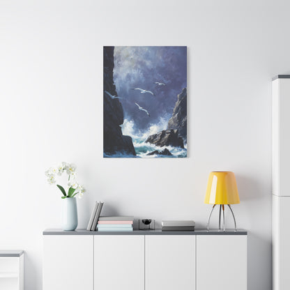 Seagulls Flying Above Crashing Coastal Waves Wall Art & Canvas Print