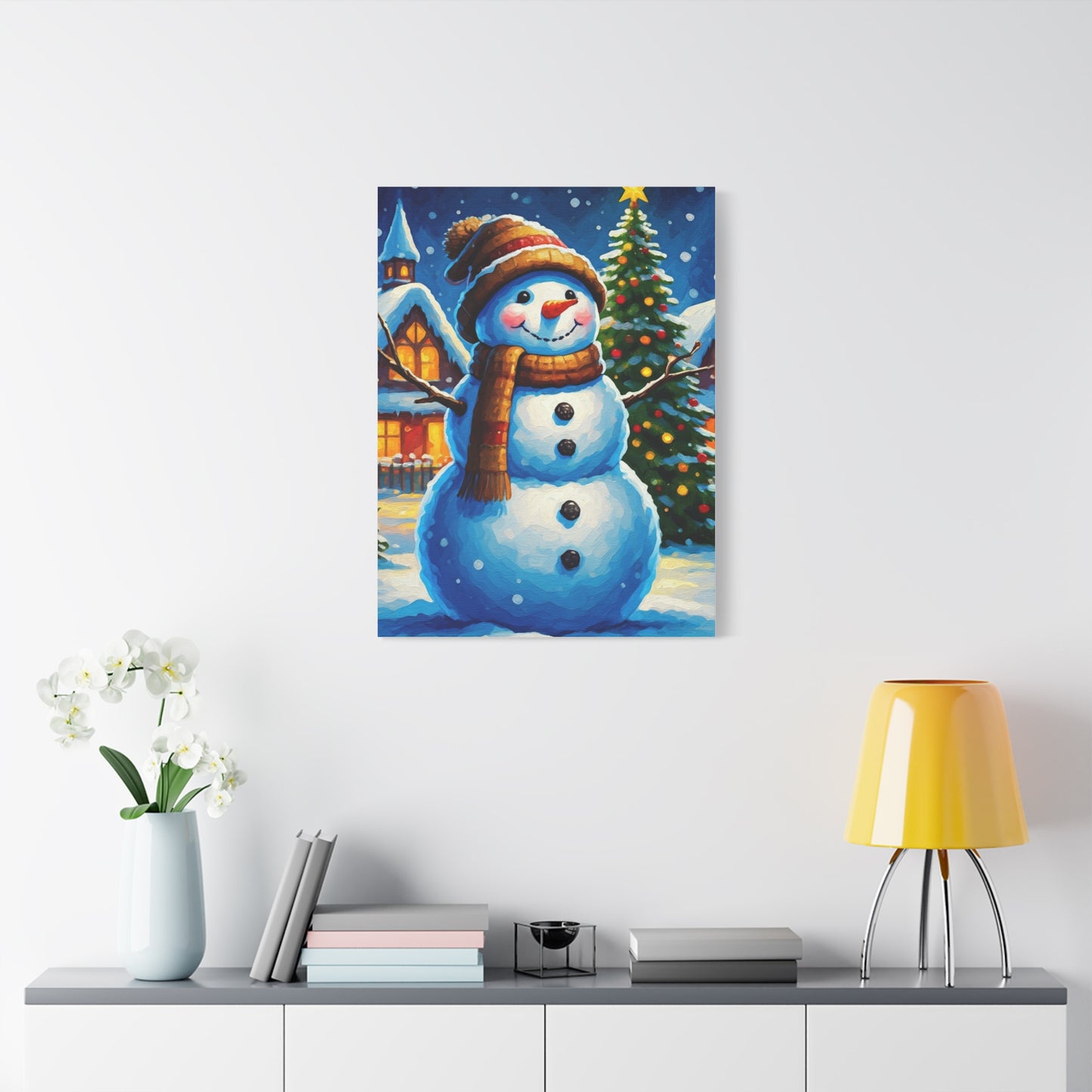 Artistic Snowman in Winter Village Scene Wall Art & Canvas Print