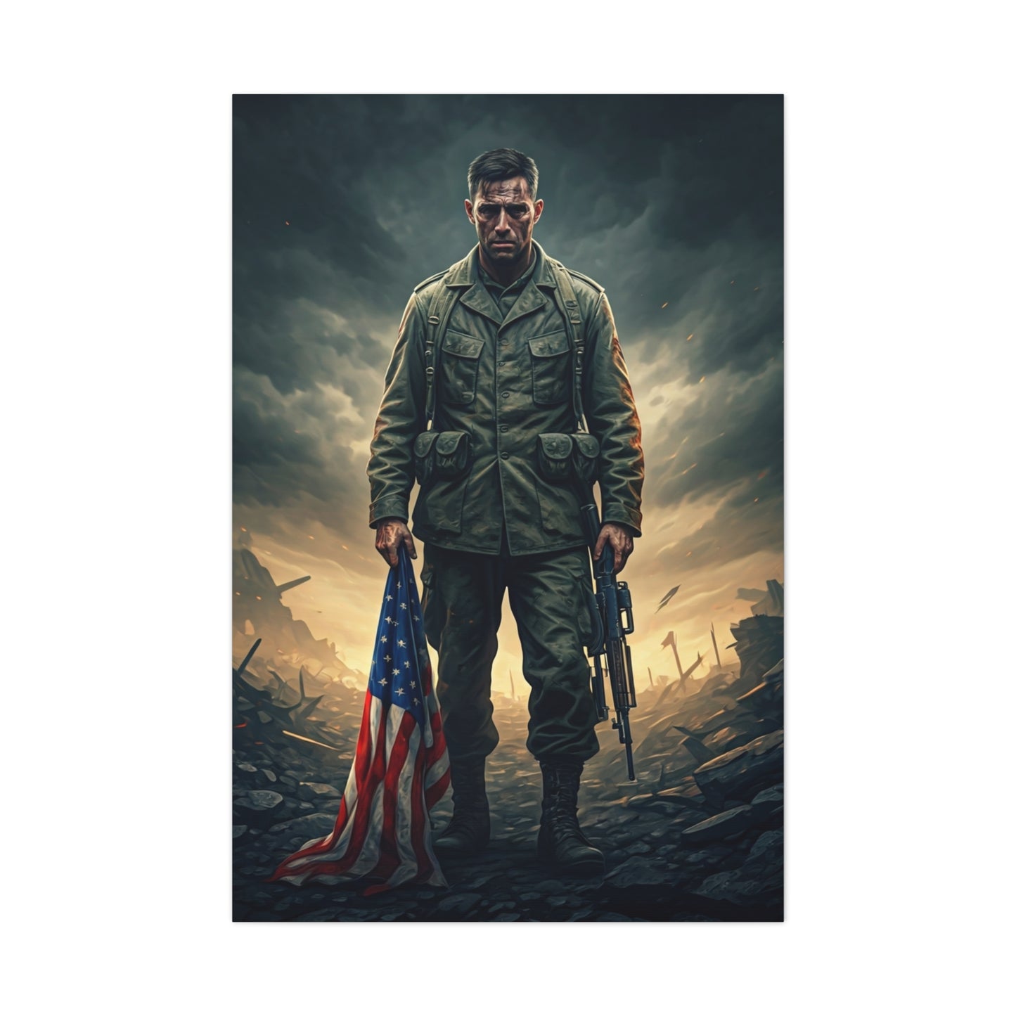Soldier Standing With Flag of Courage Wall Art & Canvas Prints