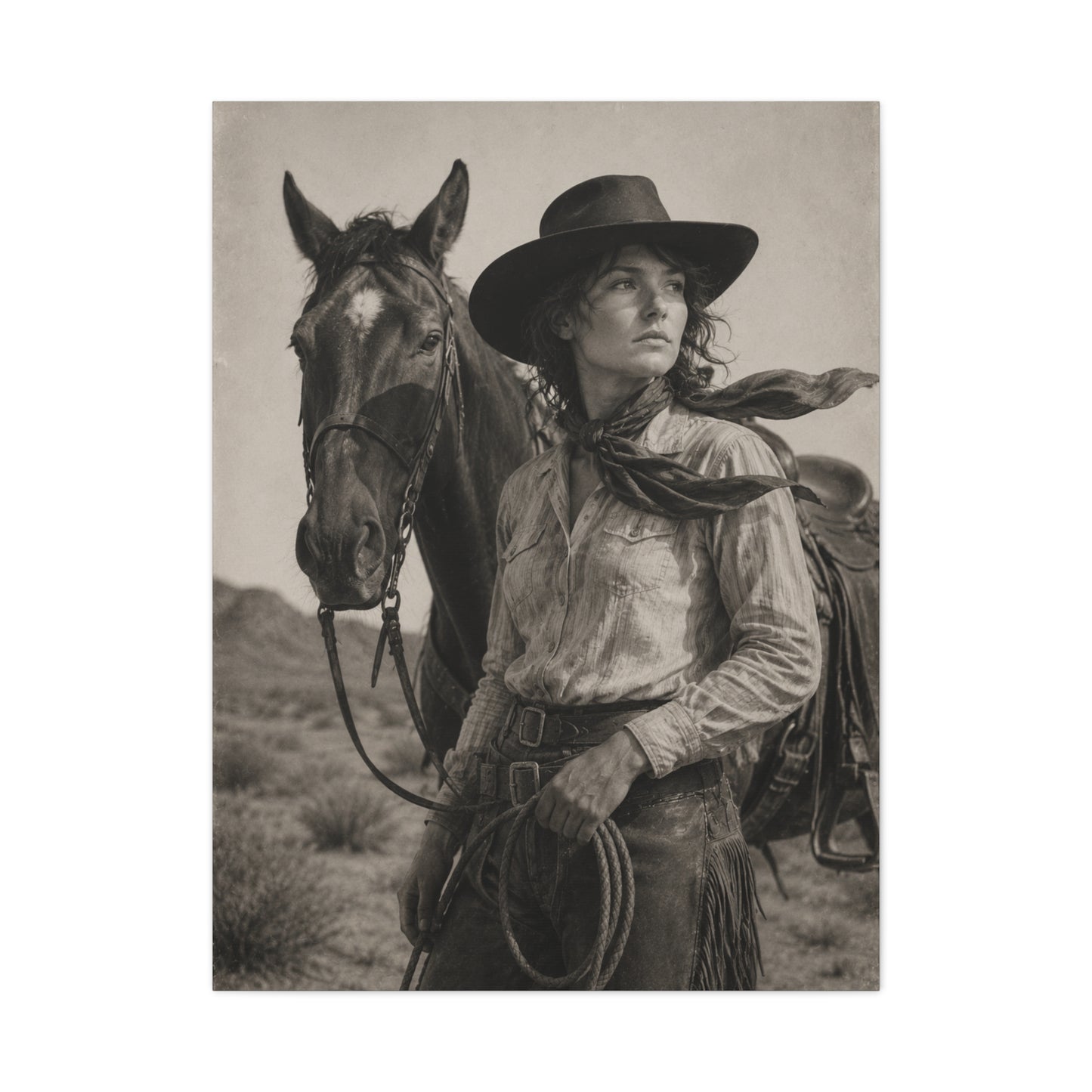 Black & White Cowgirl Portrait with Horse Wall Art & Canvas Print