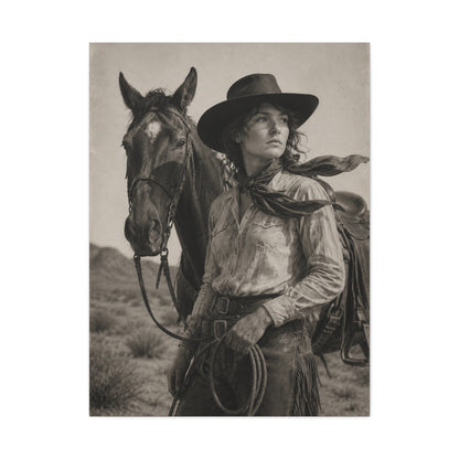Black & White Cowgirl Portrait with Horse Wall Art & Canvas Print