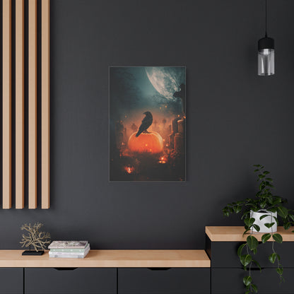 Crow on Pumpkin in Moonlit Graveyard Wall Art & Canvas Print