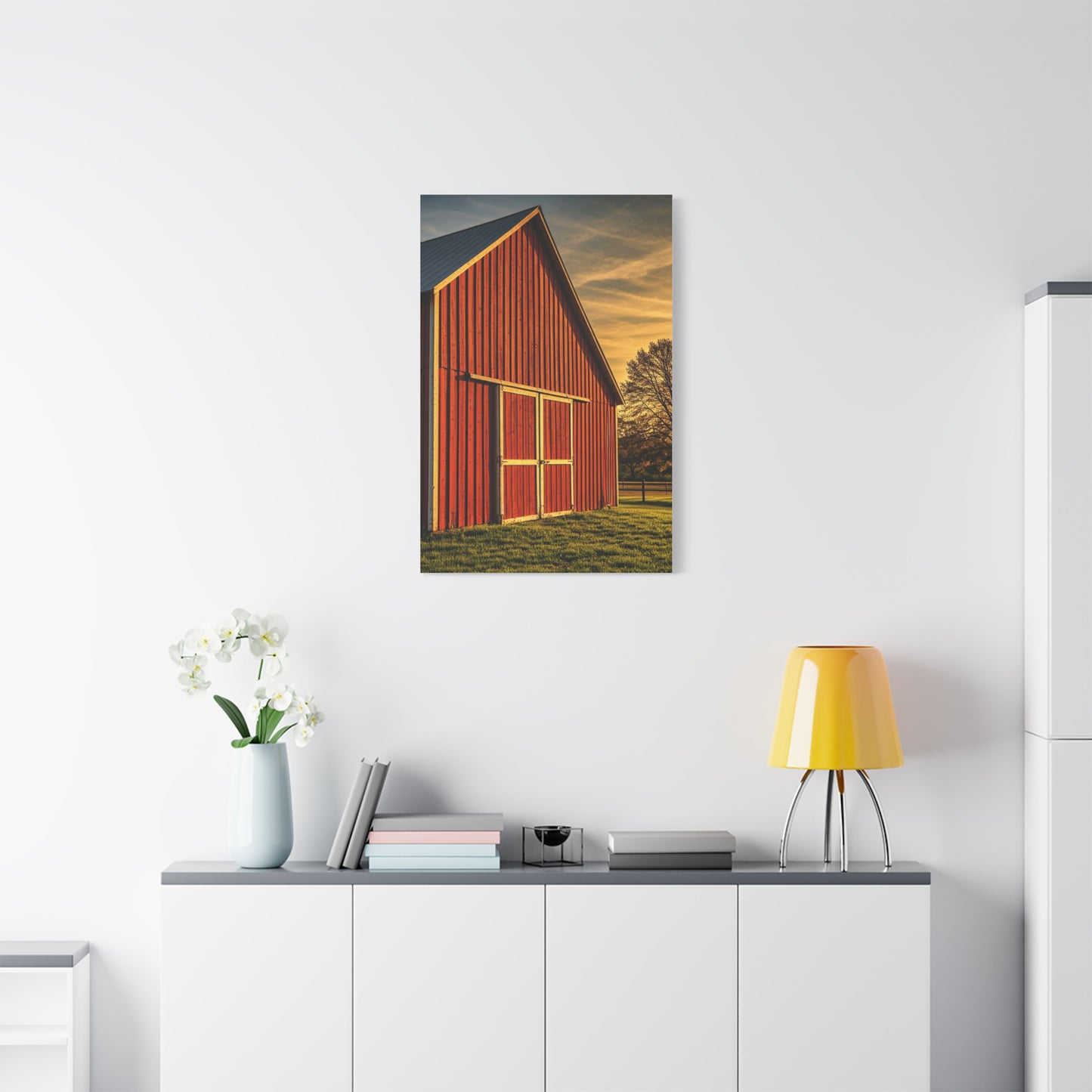 Red Barn in Golden Countryside Wall Art & Canvas Prints