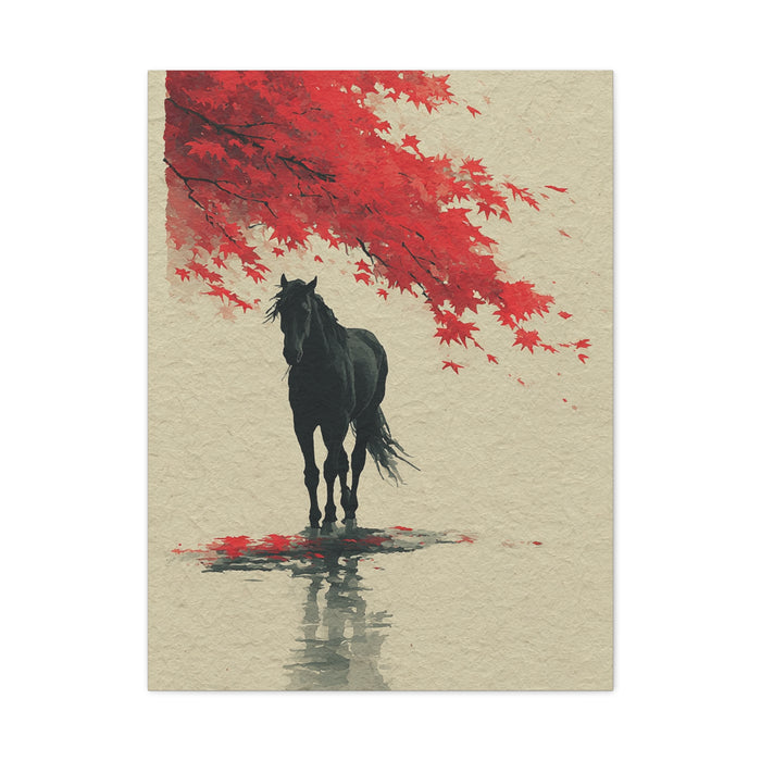 Minimal Horse Silhouette Under Red Maple Wall Art & Canvas Print