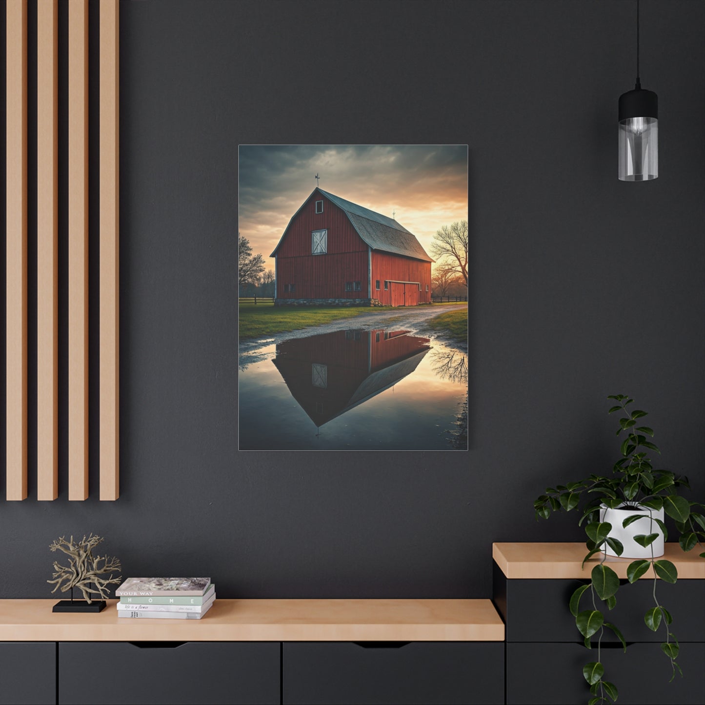 Reflected Red Barn at Dusk Wall Art & Canvas Prints
