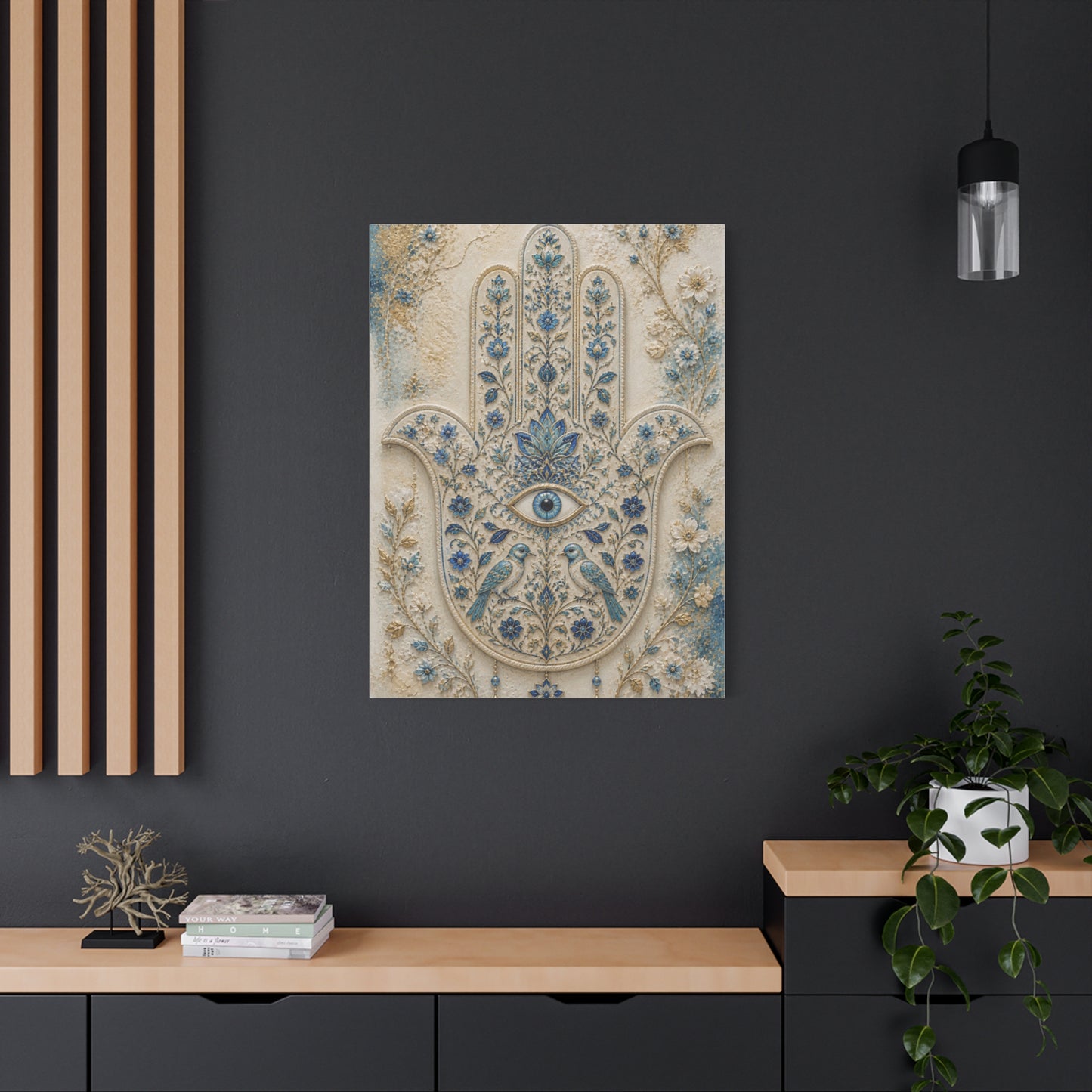 Blue Floral Hamsa Sacred Symbol Wall Art & Canvas Print
