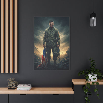 Soldier Standing With Flag of Courage Wall Art & Canvas Prints